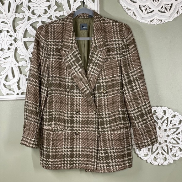 Lizwear Plaid Brown Suit Jacket Blazer Double Button Vintage - Picture 1 of 7